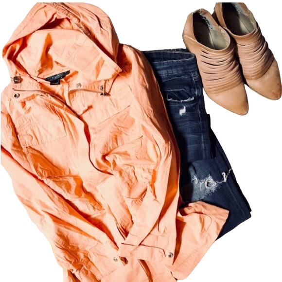 RALPH LAUREN Orange Sherbet Cinch Waist Hooded Anorak Jacket Coat S Lightweight - Picture 2 of 7